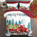 7 Pcs Full Size Christmas Comforter Set with 2 Pillowcases & 2 Shams, Red Vintage Truck Elk Bedding for Kids and Adults, Winter Forest Bed in a Bag with Flat Fitted Sheet
