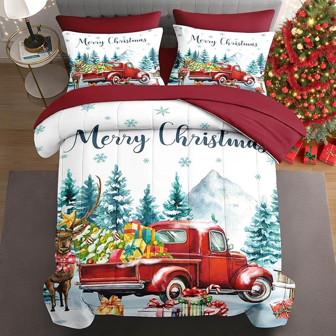 7 Pcs King Size Christmas Comforter Set with 2 Pillowcases & 2 Shams, Red Vintage Truck Elk Bedding for Kids and Adults, Winter Forest Bed in a Bag with Flat Fitted Sheet