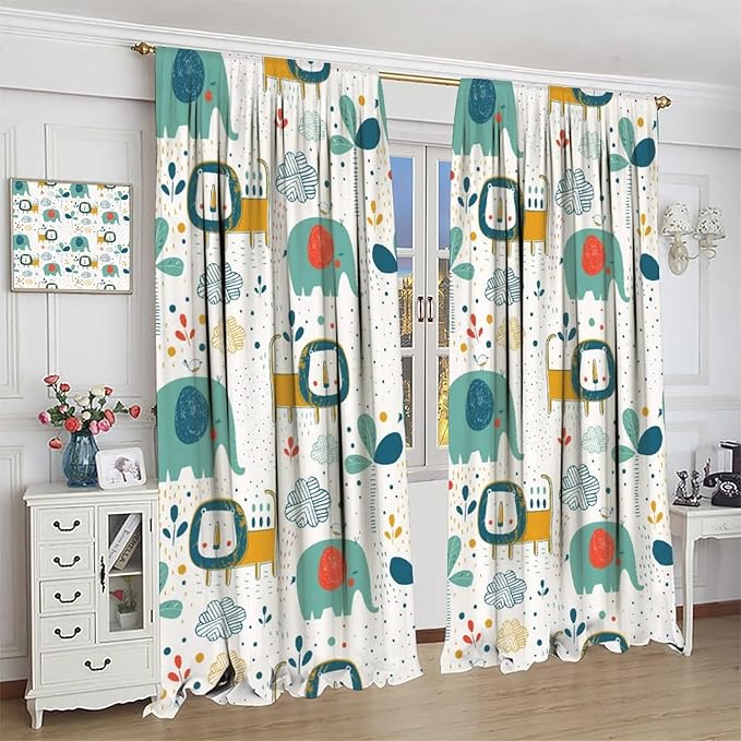 Cute Lions Blackout Curtains for Kids Bedroom,Cartoon Tropical Plants Birds Elephants Print Pattern Window Drapes,Funny Animal Thermal Insulation Curtain for Nursery Baby Room 52x84in