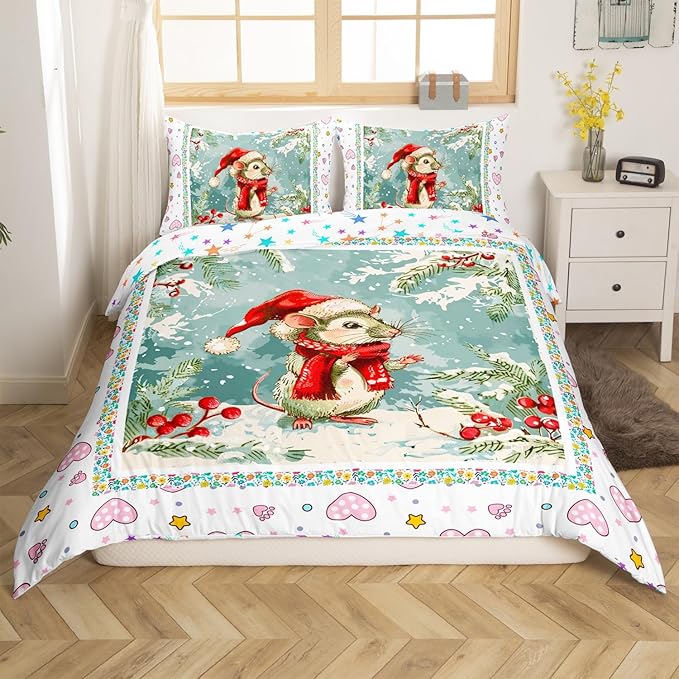 Feelyou Christmas Bedding Set Xmas Tree Snowflake Duvet Cover for Kids Boys Girls Cartoon Mouse Love Print Comforter Cover Cute Animal Bedspread Cover Bedroom Collection 2Pcs Twin Size,No Comforter