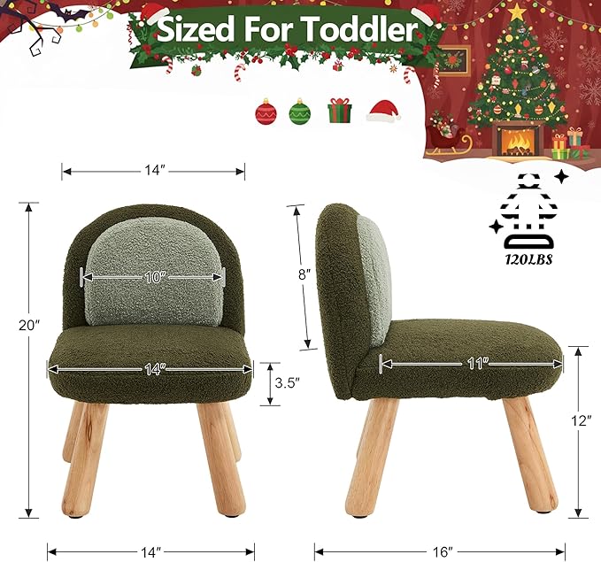 Kid Chairs Sherpa Toddler Chairs Comfy Kids Desk Chair, Wood Toddler Couch Sofa, Soft Kid Reading Chair with Padded Back, Boy Girls Chair for Deskk, Desk Chair for Kids Bedroom/Playroom, Green