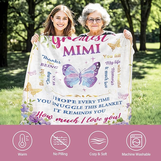 Mimi Gifts for Grandma Blanket, Birthday Gifts for Grandma, Soft Blanket for Grandmother from Grandkids, Grandmother Gift for Christmas Thanksgiving, Mimi Throw Blanket 60“x 50”