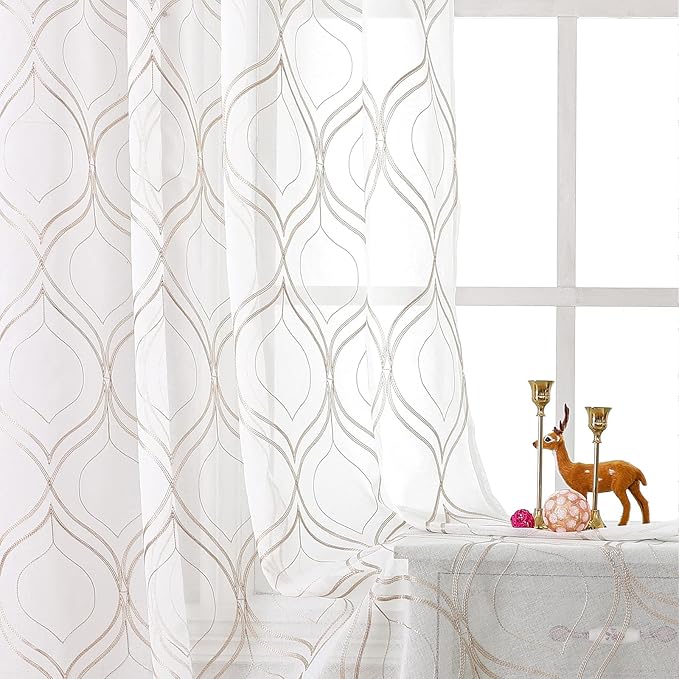 VISIONTEX White Sheer Curtains 84 Inches Long 2 Panels Set Brown Moroccan Embroidered Curtains Trellis French Textured Rod Pocket Voile Tulle Semi Window Drapes for Bedroom Living Room 54 x 84 Inches
