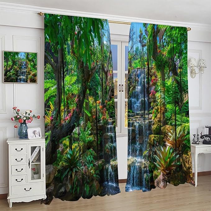 Waterfall Blackout Window Curtains, Spring Forest Nature Landscape Theme Pattern Print Window Drapes, for Living Room Bedroom 42x54in 2 Panels