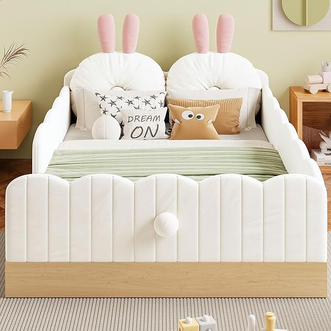 Twin Size Upholstered Platform Bed with Safety Guardrail and Cute Rabbit Ear Shaped Pillows, Velvet Fabric Montessori Kids Floor Bed with Pocket and Sturdy Slats Support (Beige-9.25)