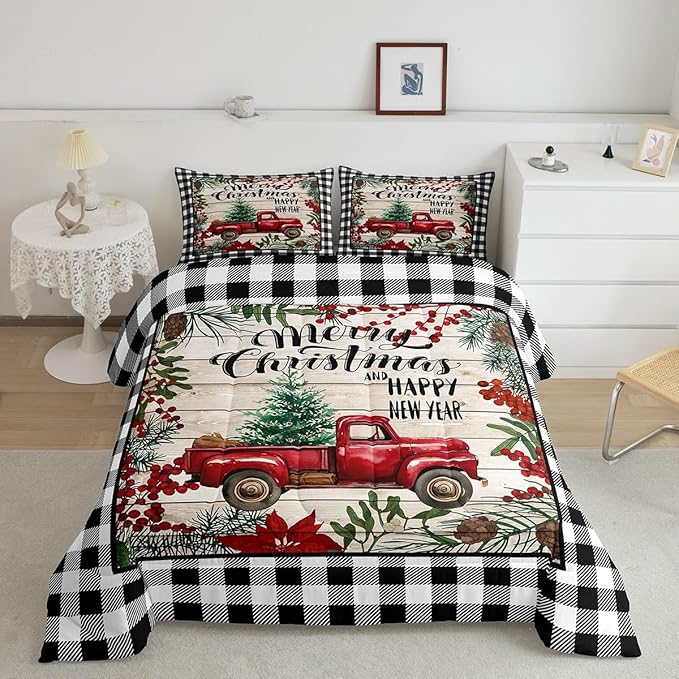 Manfei Red Truck Comforter Set Twin Size, Christmas Theme New Year Quilt Set with 1 Pillowcase, Grey Plaid Print Bedding Set 2pcs for Kids Boys Girls Bedroom Decor