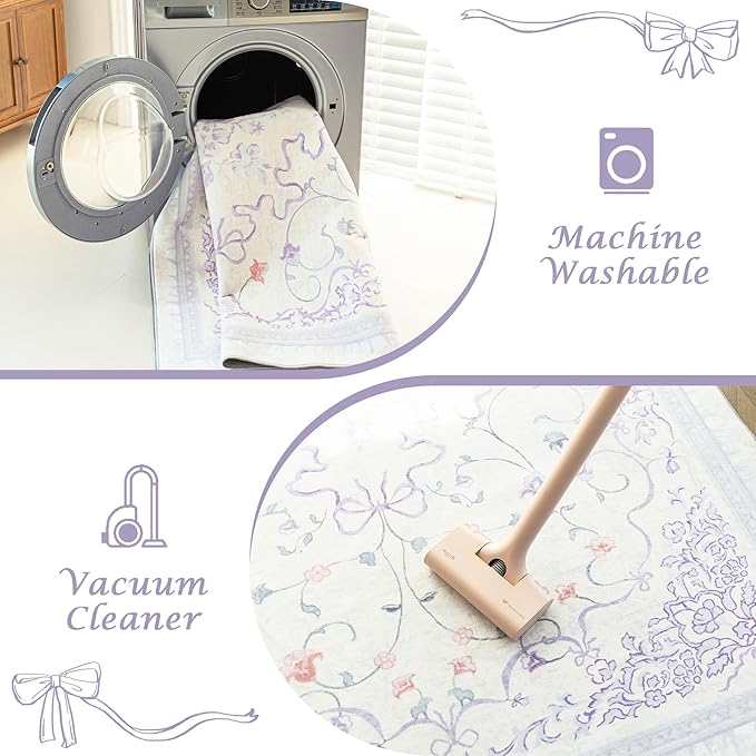 Pastel Purple and Pink Area Rug for Dorm Kids Room 6x9 Washable Light Lavender Whimsical Fairy Bow Floral Fun Rug for Girls Bedroom Toddler Play Room