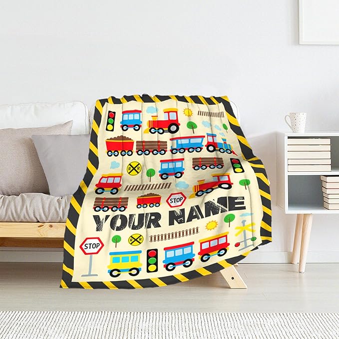 Custom Train Throw Blanket Gift for Boys - 30" x 40" Inches Lightweight Warm Throw for Lap, Couch, Office - Yellow Cute Blanket for Girls Kids