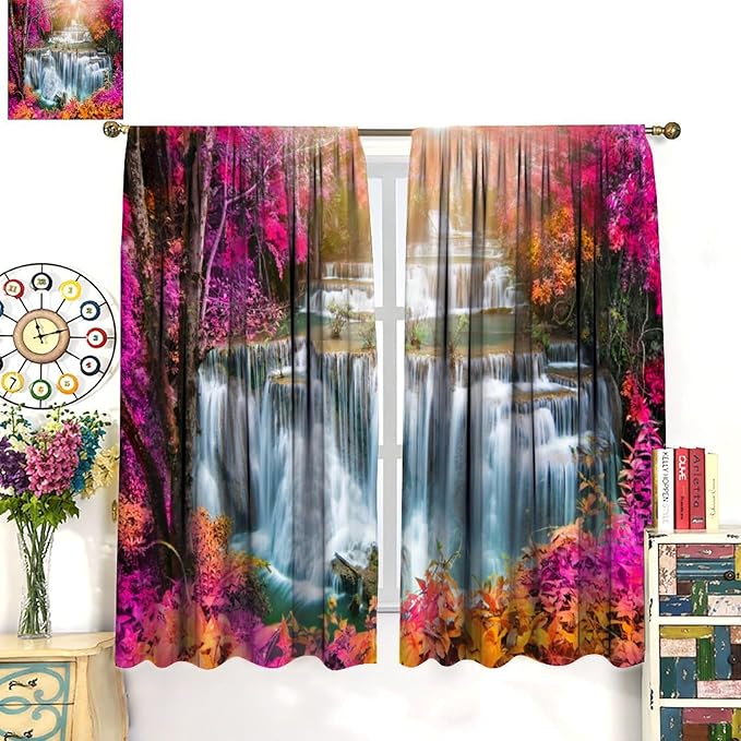 Waterfall Blackout Window Curtains, Nature Landscape Fores Theme Rod Pocket Window Drapes, for Living Room Bedroom 42" W X 54" L