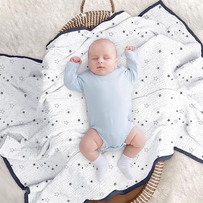 lulumoon Muslin Quilt Blanket, Crib Blanket for Baby and Toddler,47x47 Inches(Blue Star)