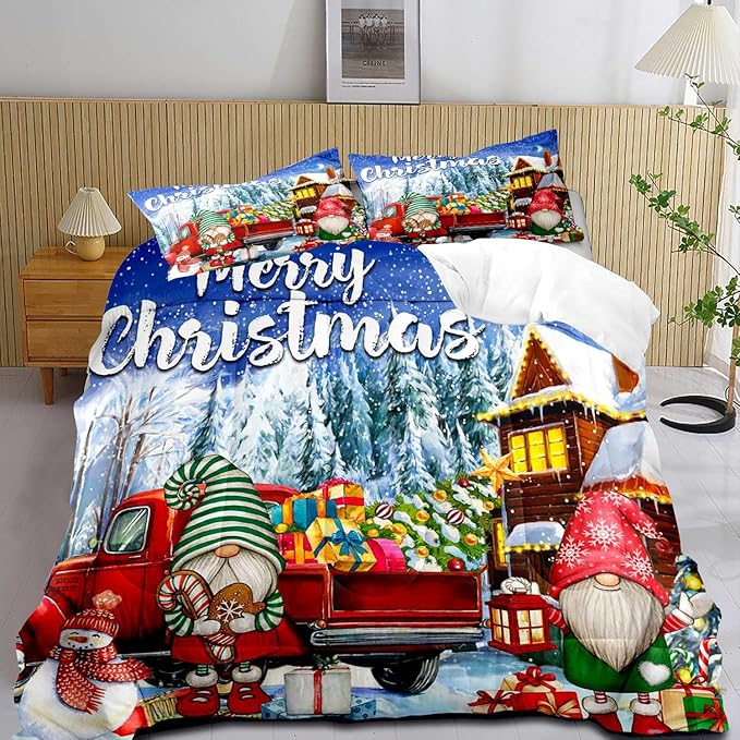 LUVIVIHOME 2PCS Merry Christmas Comforter Set Twin Size, Teens Boys Girls Kids Bedding, Cute Snowman Gnome Red Truck Winter Snowflake Happy New Year Christmas Bedroom Decor, Xmas Gifts, 1 Pillow Sham
