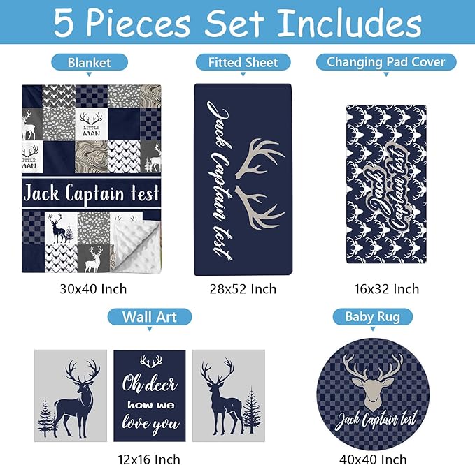 Custom Name Cirb Bedding Set - 5 Pcs Woodland Deer Baby Crib Set, Double Layer Blue Nursery Bedding Set for Baby Boys, Soft Flannel Baby Blanket, Toddler Infant New Parents Customized Gift