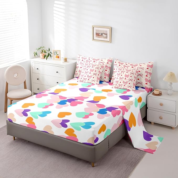 Pink Bowknot Bow Tie Kids Comforter King Size,Love Heart Dot Geometric Patchwork 7 Pcs Bedding Set,Stripe Snowflake Romantic Room Decor,Princess （Fitted+Sheet+2 Pillowcases+2 Throw Pillow Covers）