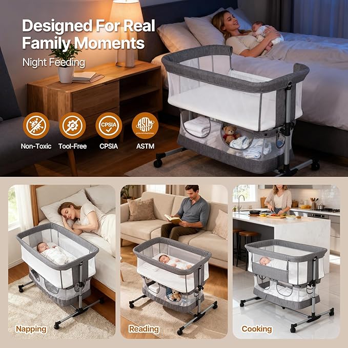 Bassinet Bedside Sleeper, 3-in-1 Baby Bedside Bassinet, 5 Height Adjustable Rocking Baby Crib, Breathable Full Mesh, Mosquito Net, Storage Basket, Stable and Secure Bassinets for Newborn Infant