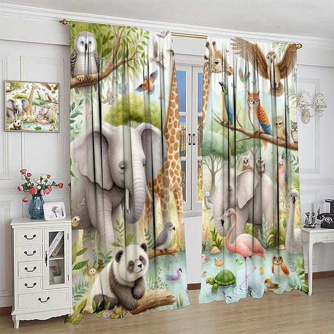 Kids Animals Curtain Cartoon Western Wildlife Flamingo Elephant Giraffe Window Treatment for Baby Children Bedroom Living Room 84" W X 84" L
