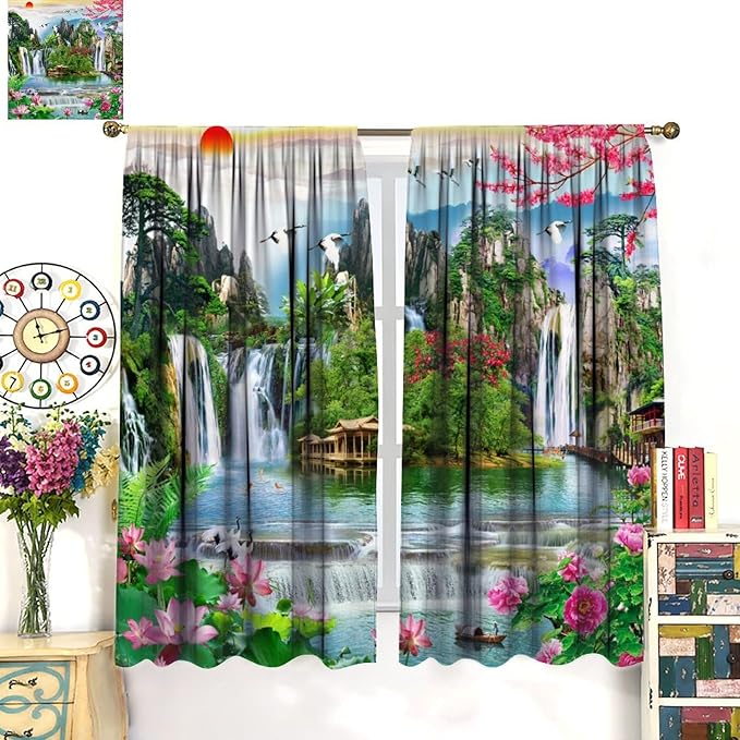 Waterfall Blackout Curtains, Forest Waterfall Rocky Lotus Fish Landscapes Print Window Drapes, for Living Room Bedroom 63" W X 63" L