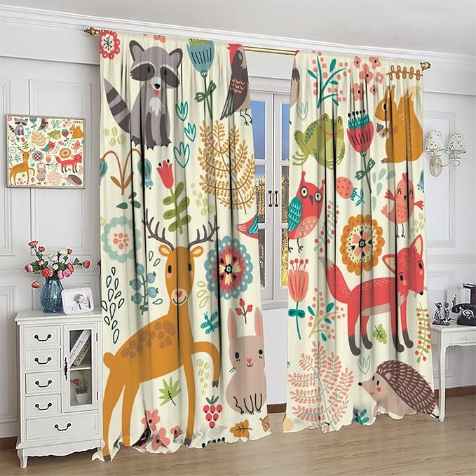 Kids Baby Woodland Blackout Curtains,Forest Animals Plants Cartoon Funny Colorful Deer Fox Owl Pattern Thermal Insulation Window Drapes for Boys Girls Children's Bedroom 42x54 Inch