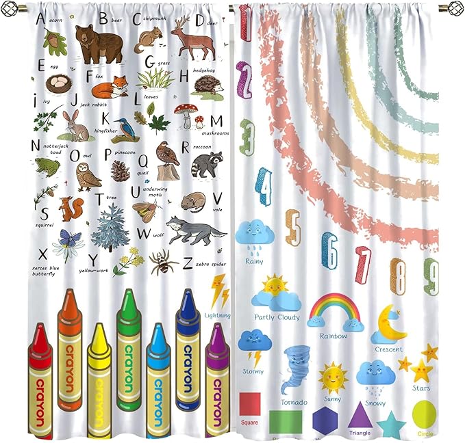 Kids Alphabet Curtain, Funny Cartoon Animal Rainbow Learning, Educational Boys Girls Children Printed Rod Pocket Blackout Window Treatments for Bedroom Living Room Nursery 72" W X 63" L