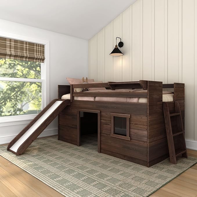 Max & Lily Loft Bed Twin Size, Solid Wood Low Loft Bed with Slide and Ladder, Modern Farmhouse Loft Bed for Kids, Barnwood Brown
