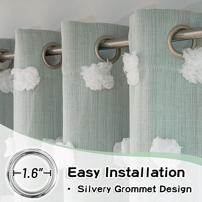 MYSKY HOME Aqua Curtains for Bedroom 54 Inch Long Double Layer Curtains for Kids Room Kithen White Pom Pom Sheer Nursery Curtains Short Grommet Room Darkening Small Window Curtains 2 Panels 52" x 54"