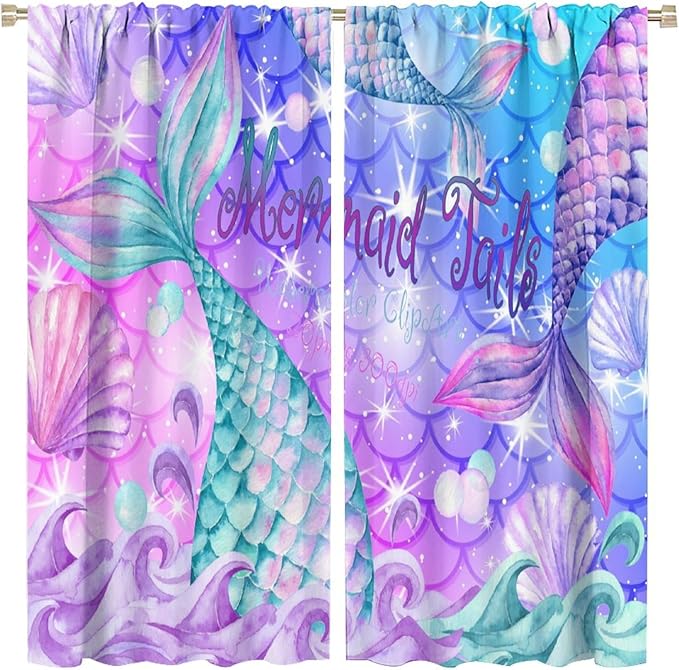 Dream Mermaid Curtain Colorful Mermaid Shell Ocean Theme Fantasy Blackout Curtains for Kids Boys Girls Bedroom Nursery Room Decor Rod Pocket Window Drapes 63x63in