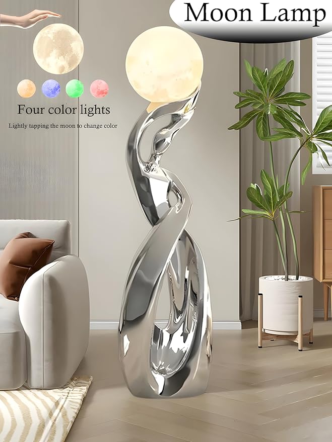Bofea-Modern Floor Lamps for Living Room,Funky Lamp,Modern Silver Floor Lamp with 3D Moon Lamp,4 Different Light Colors Led Standing Lamps for Living Room Bed Room Office