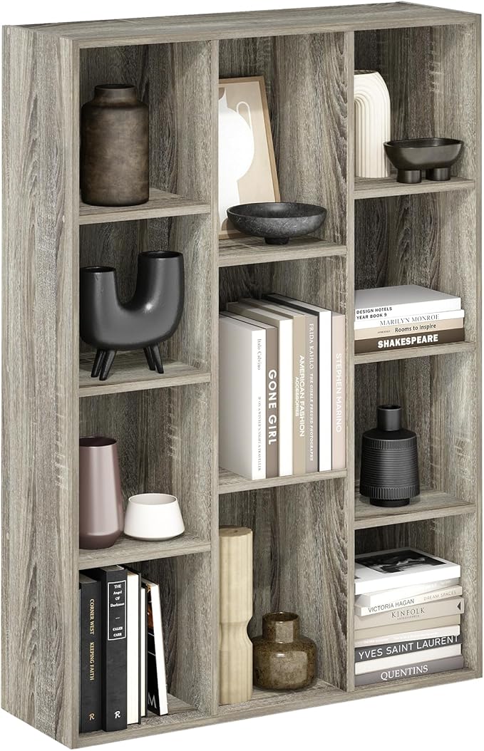 Furinno LUDER Book Shelf, 11-Cube Bookshelf, Reversible Bookcase, 9.4 x 29.1 x 41.7, for Living Room, Bedroom, Home Office, French Oak
