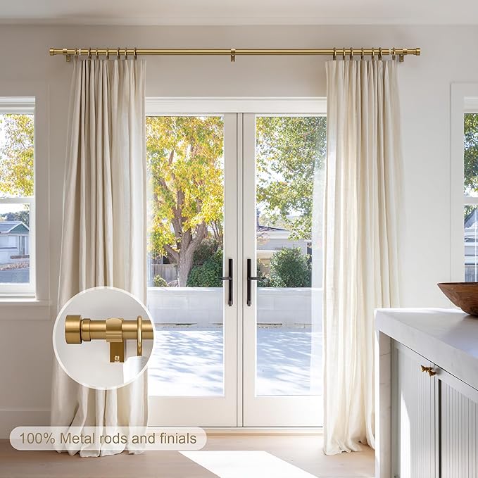 Brass Curtain Rods for Windows 48 to 84 Adjustable Modern Gold Curtain Rod 1 inch Diameter Heavy Duty with Solid Metal Finials for Living Room Bedroom Farmhouse Outdoor Patio