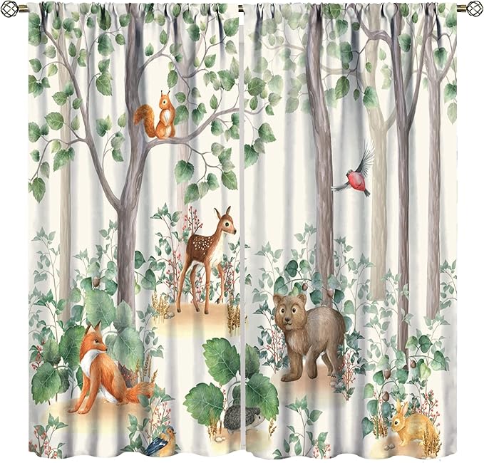 Forest Animal Curtains,Fox Elk Bird Animal Watercolor Woodland Print Curtains Kids Nursery Bedroom Living Room Home Decoration 42x45 Inch