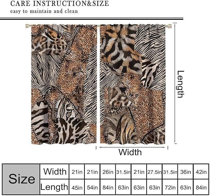 Leopard Print Curtains, Brown Wild Cheetah Zebra Animal Fur Farmhouse Window Curtains for Bedroom Kitchen Living Room 55" W X 63" L