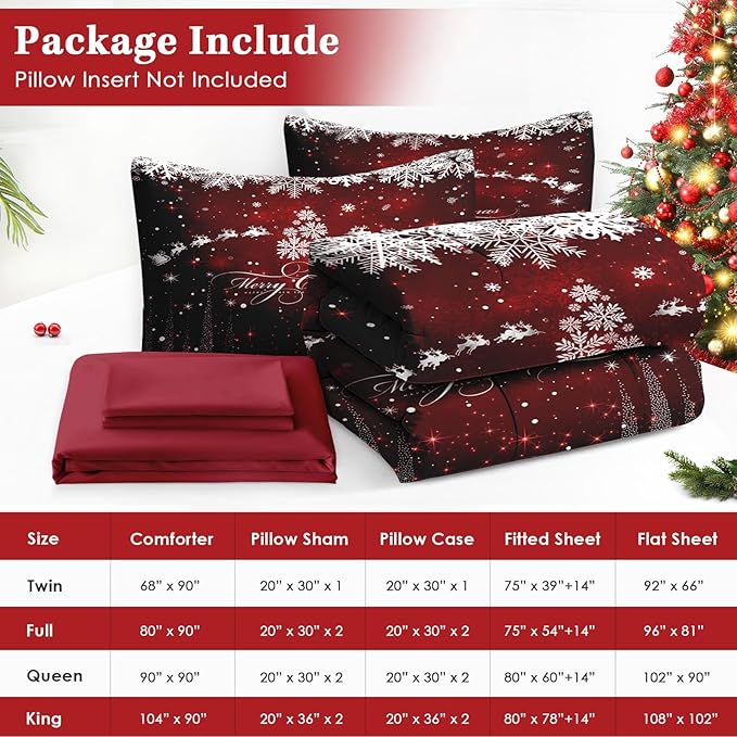7 Pcs Full Size Christmas Comforter Set with 2 Pillowcases & 2 Shams, Dark Red Winter Snowflake Bedding for Kids and Adults, Merry Xmas Bed in a Bag with Flat Fitted Sheet