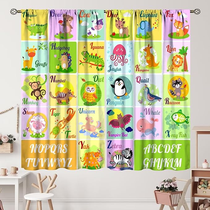Kids Alphabet Letter Curtains Funny Education School Cute Cartoon Animal Printed Curtain with Rod Pocket for Bedroom Living Room Home Drapes Window Treatments 2 Panels Set 42" W X 63" L