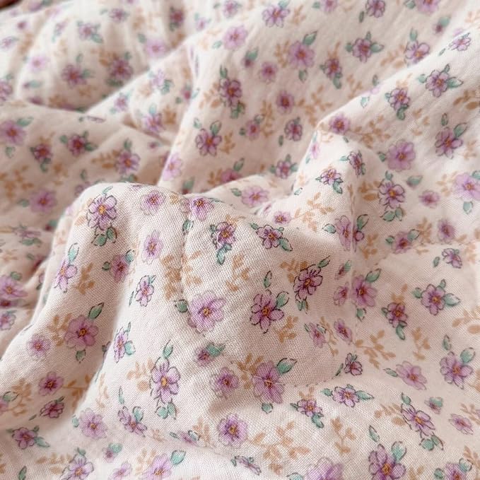 BuLuTu Purple Floral Print Toddler Blanket Quilted 100% Cotton Muslin Lightweight Kids Comforter Soft Bed Blankets for Girls Toddler Crib Quilt, All Seasons Blankets, 47x59 Inches