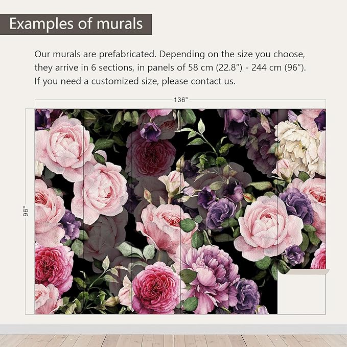 AFZEVEB-Black Watercolor Purple Peony Flower Wallpaper Wall murals for Bedroom 136"x96"(Not Peel and Stick)