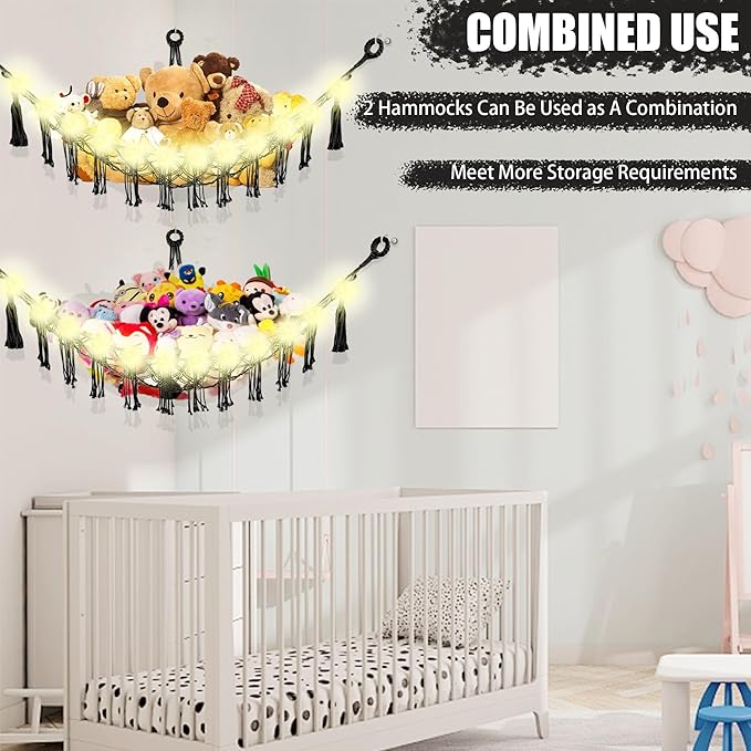 Stuffed Animal Hammock with LED Light, Large Stuffed Animals Storage Corner Plushie Net for Kids Room Decor, 2 Packs Black