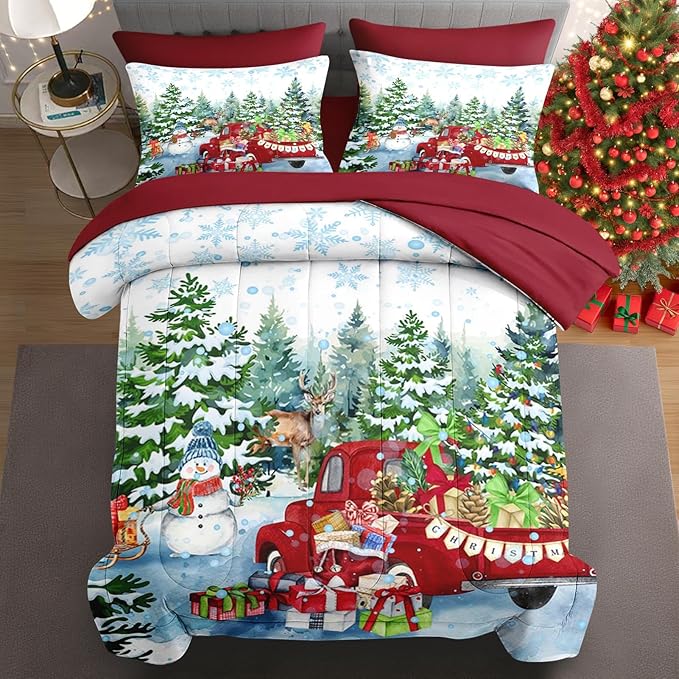 7 Pcs Full Size Christmas Comforter Set with 2 Pillowcases & 2 Shams, Red Vintage Truck Snowman Bedding for Kids and Adults, Winter Snow Forest Elk Bed in a Bag with Flat Fitted Sheet