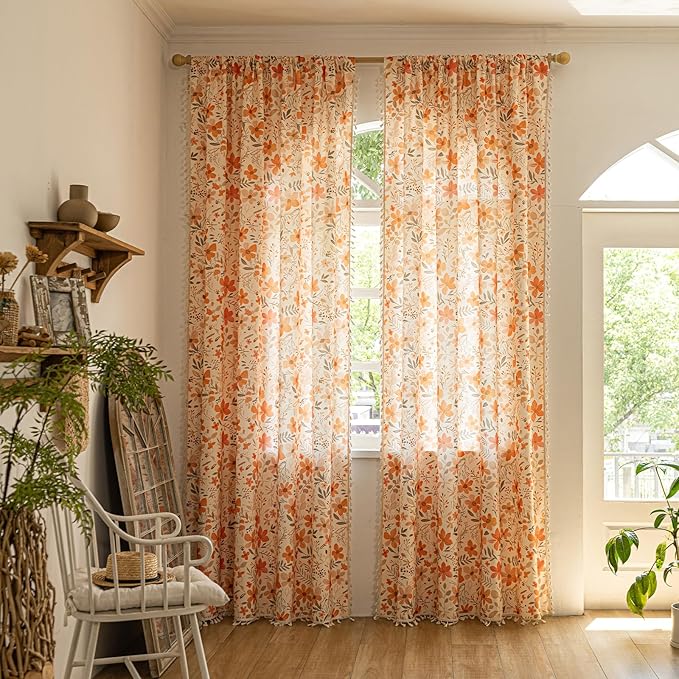 ENJOYBRIDAL Floral 84 Inch Curtains for Bedroom Living Room Drapes 2 Panel Sets Semi Sheer Farmhouse Patterned Window Curtain Panels Floor Length Cute Boho Rod Pocket Cottagecore Window Treatments