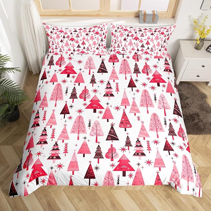 Manfei Pink Xmas Trees Duvet Cover Set King Size, Christmas Theme Bedding Set 3pcs for Kids Boys Girls Adults, Happy New Year Comforter Cover Soft Polyester Quilt Cover with 2 Pillowcases,No Comforter