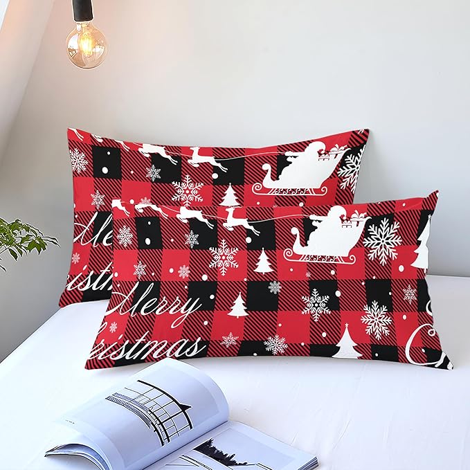 Christmas Duvet Cover Full Size Red Black Gingham Bedding Set 3 Pcs Kids Boys Girls Christmas Deer Pattern Soft Warm Comforter Cover with Zipper Closure (No Comforter)