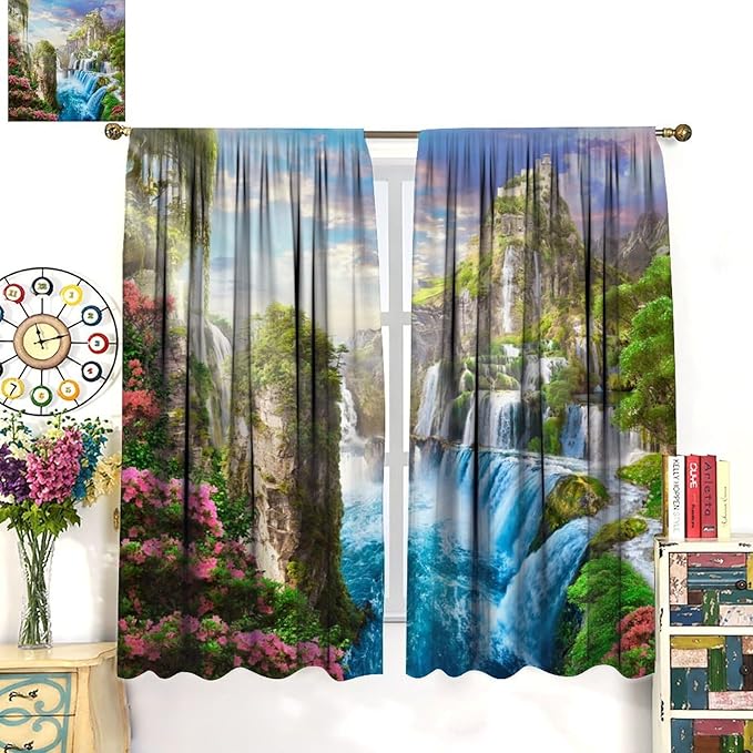 Forest Waterfall Blackout Curtain, Watercolor Tropical Jungle Waterfall Spring Flower Natural Scenery Pattern Window Drapes, for Bedroom Living Room 84" W X 84" L