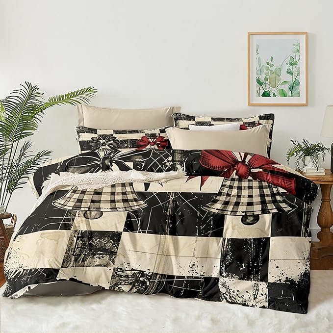 Christmas Duvet Cover King Size Retro Christmas Bell Gingham Bedding Set 3 Pieces Kids Boys Girls Xmas Happy Holiday Checked Pattern Comforter Cover with Zipper Closure