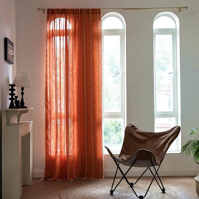 Deeprove Orange Boho Curtains 108 inches Extra Long for Bedroom Living Room, Vintage Chic Bohemian Embroidery Light Filter Privacy Fringe Window Treatments Fall Halloween Decor, W52 x L108, 1 Panel
