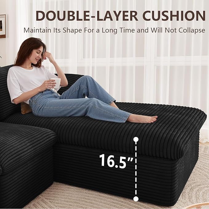 107" Cloud Modular Sectional Sofa with 1 Ottoman, Deep Seat Boneless Couch, Modern Upholstered Corduroy Couches, Comfort U Shaped Sofa for Living Room, No Assembly Required(Black,Right Facing Chaise)