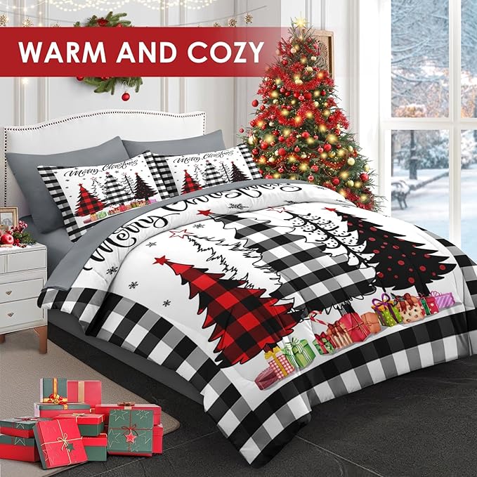 5 Pcs Twin Size Christmas Comforter Set with Pillowcase & Sham, Buffalo Check Plaid Tree Bedding for Kids and Adults, Winter Snowflake Bed in a Bag with Flat Fitted Sheet