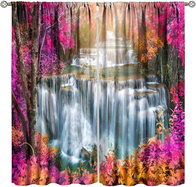 Waterfall Blackout Window Curtains, Nature Landscape Fores Theme Rod Pocket Window Drapes, for Living Room Bedroom 55" W X 63" L