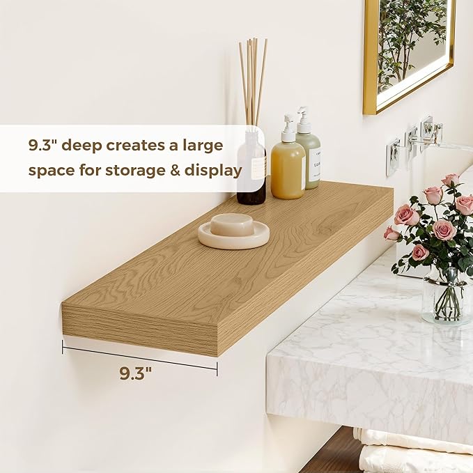 Dreamland 32 Inches Floating Shelves for Wall, 9.3" Deep Long Floating Shelves Set of 2, Large Display & Storage Shelf, Wall Shelf for Bathroom Bedroom Living Room Kitchen Office, Oak