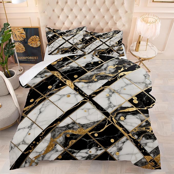 Black and White Marble Comforter: Queen Size Geometric Abstract Bedding Sets Gold Lines Marbling Quilts for Bedroom Decor 3PC Bed Set 1 Comforter & 2 Pillowcases