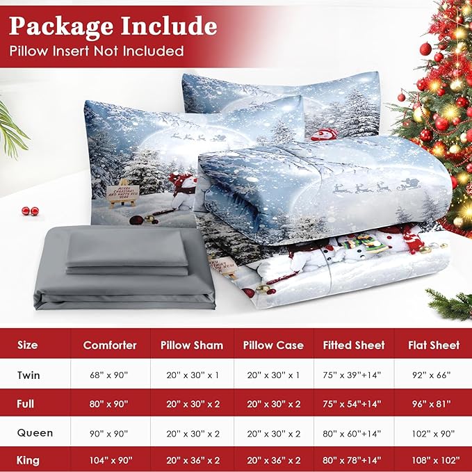 5 Pcs Twin Size Christmas Comforter Set with Pillowcase & Sham, Winter Snowy Forest Bedding for Kids and Adults, Happy Xmas Snowman Bed in a Bag with Flat Fitted Sheet