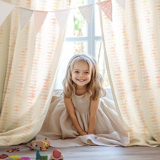 jinchan Linen Nursery Curtains for Living Room Boho Curtains for Bedroom Kids Room 96 Inches Long Pink Geometric Printed Farmhouse Drapes Rod Pocket Window Treatment Curtain Set of 2 Panels Peachy
