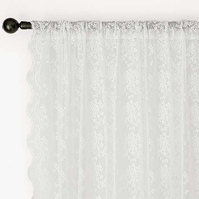 Anmao Vintage Lace Curtains 102 Inches Long 2 Panels Set, Romantic Elegant Light Filtering Semi Sheer Floral Thick Lacy Curtain Drapes for Living Room and Bedroom, Each Panel 55W x 102L, Bright White